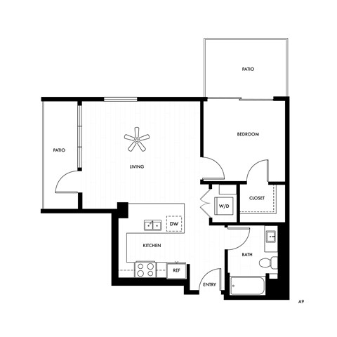 Floor plan for 1 bed, 1 bath, 710 sqft